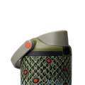 Owala FreeSip Sway 40oz in Off the Hook, lid detail showing olive flip cap, olive carry loop, and orange push-button over fish-scale patterned body