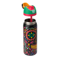 Owala FreeSip Sway 32oz in Sugar Skull, exploded view showing black body with sugar-skull pattern, green flip cap with pink accent ring, orange push-button, and red straw lifted above; glows in the dark